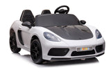 48V Turbo Racer Kids Electric Car – A high-speed, two-seater children's ride-on with a 600W motor, leather seats, LED lights, and all-terrain air tires - left side front view of white turbo racer.