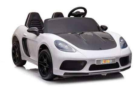 48V Turbo Racer Kids Electric Car – A high-speed, two-seater children's ride-on with a 600W motor, leather seats, LED lights, and all-terrain air tires - left side front view of white turbo racer.