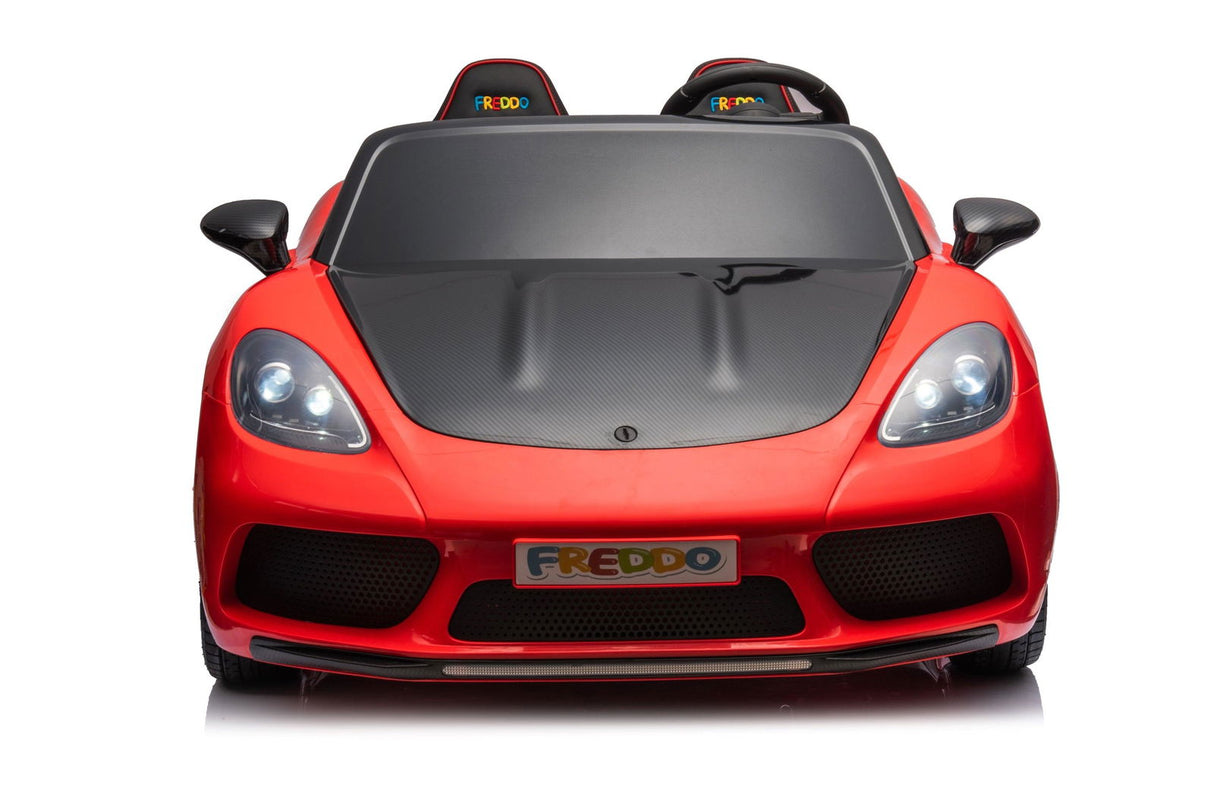 48V Turbo Racer Kids Electric Car – A high-speed, two-seater children's ride-on with a 600W motor, leather seats, LED lights, and all-terrain air tires - front view of red turbo racer.