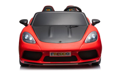 48V Turbo Racer Kids Electric Car – A high-speed, two-seater children's ride-on with a 600W motor, leather seats, LED lights, and all-terrain air tires - front view of red turbo racer.