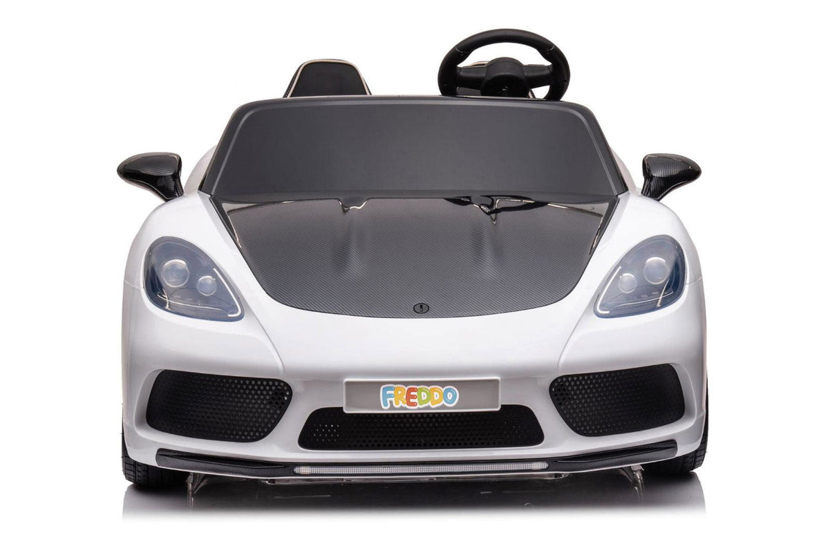 48V Turbo Racer Kids Electric Car – A high-speed, two-seater children's ride-on with a 600W motor, leather seats, LED lights, and all-terrain air tires - front view of white turbo racer.
