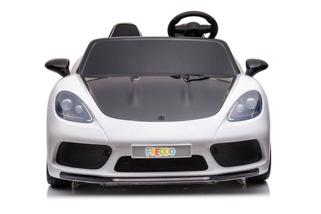 48V Turbo Racer Kids Electric Car – A high-speed, two-seater children's ride-on with a 600W motor, leather seats, LED lights, and all-terrain air tires - front view of white turbo racer.