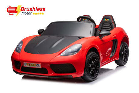 48V Turbo Racer Kids Electric Car – A high-speed, two-seater children's ride-on with a 600W motor, leather seats, LED lights, and all-terrain air tires - side front view of red turbo racer.
