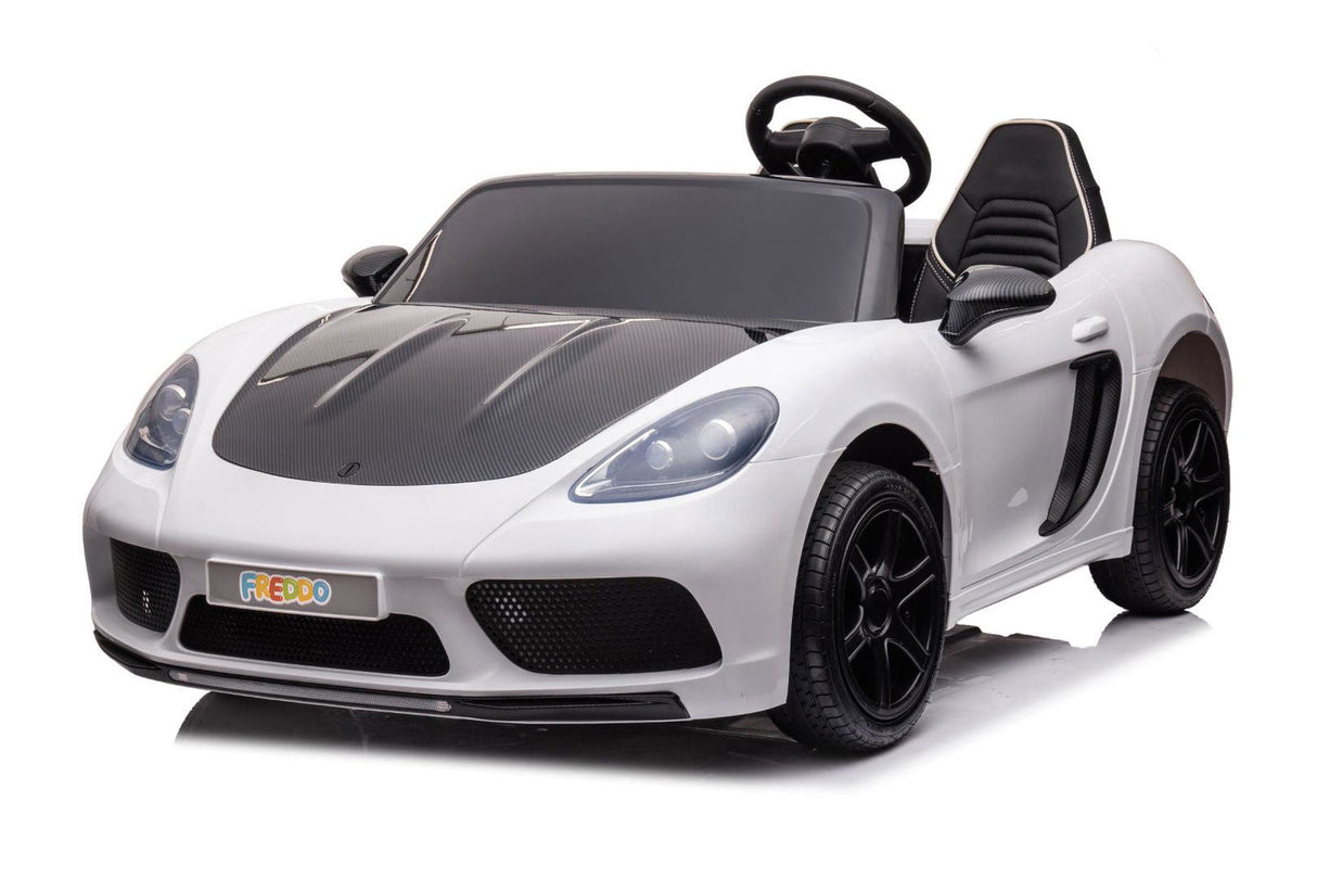 48V Turbo Racer Kids Electric Car – A high-speed, two-seater children's ride-on with a 600W motor, leather seats, LED lights, and all-terrain air tires - side view of white turbo racer.