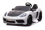 48V Turbo Racer Kids Electric Car – A high-speed, two-seater children's ride-on with a 600W motor, leather seats, LED lights, and all-terrain air tires - side view of white turbo racer.