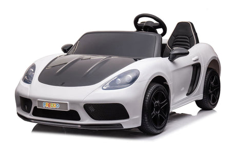 48V Turbo Racer Kids Electric Car – A high-speed, two-seater children's ride-on with a 600W motor, leather seats, LED lights, and all-terrain air tires - side view of white turbo racer.