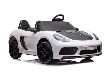 48V Turbo Racer Kids Electric Car – A high-speed, two-seater children's ride-on with a 600W motor, leather seats, LED lights, and all-terrain air tires - legendary side view of white 48 turbo racer.