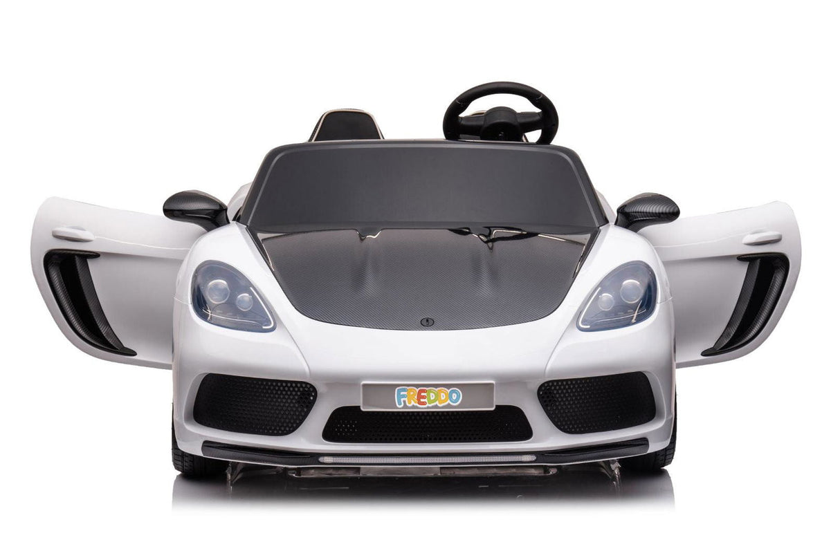 48V Turbo Racer Kids Electric Car – A high-speed, two-seater children's ride-on with a 600W motor, leather seats, LED lights, and all-terrain air tires - front view with open doors of white turbo racer.