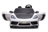 48V Turbo Racer Kids Electric Car – A high-speed, two-seater children's ride-on with a 600W motor, leather seats, LED lights, and all-terrain air tires - front view with open doors of white turbo racer.