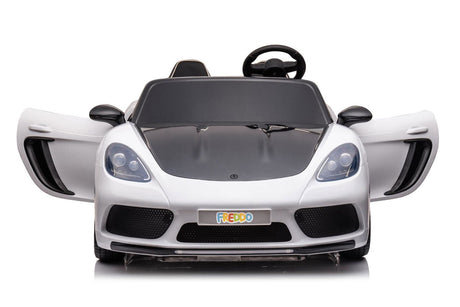 48V Turbo Racer Kids Electric Car – A high-speed, two-seater children's ride-on with a 600W motor, leather seats, LED lights, and all-terrain air tires - front view with open doors of white turbo racer.